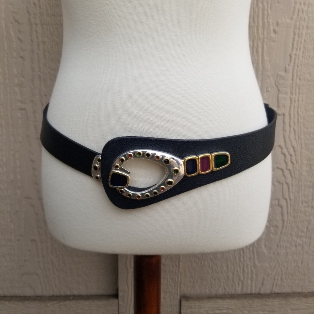Vintage Chico's Adjustable Rhinestones Leather Wide Hook Belt